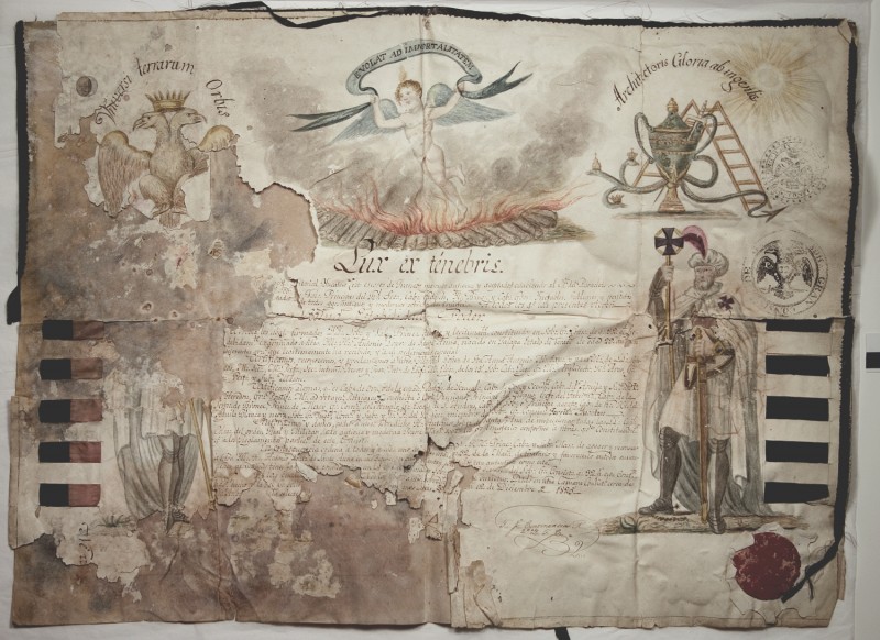 Antique artifact of the Antonio Lopez de Santa Annas Scottish Rite Certificate.